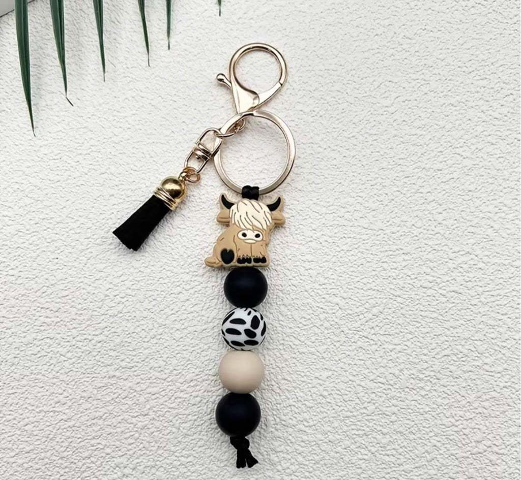Porte-clés perlé avec vache Highlands