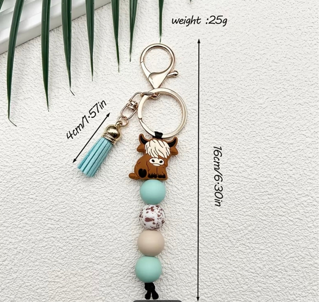 Porte-clés perlé avec vache Highlands